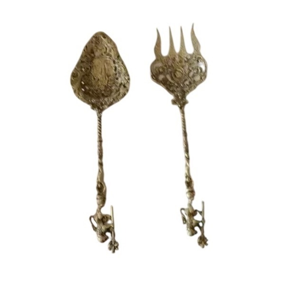 Brass Serving Set Italian Vintage Spoon Fork Lions Pastoral Scene Decorative